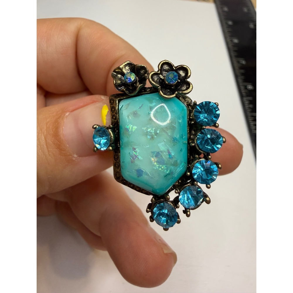 Antiqued Bronze Turquoise Faux Opal Rhinestone Floral Adjustable Cocktail Ring